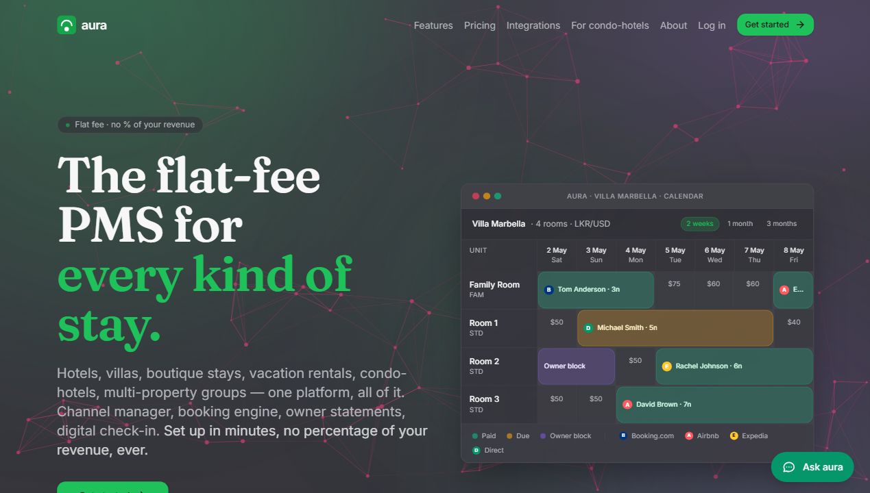 Aura PMS calendar and booking interface screenshot
