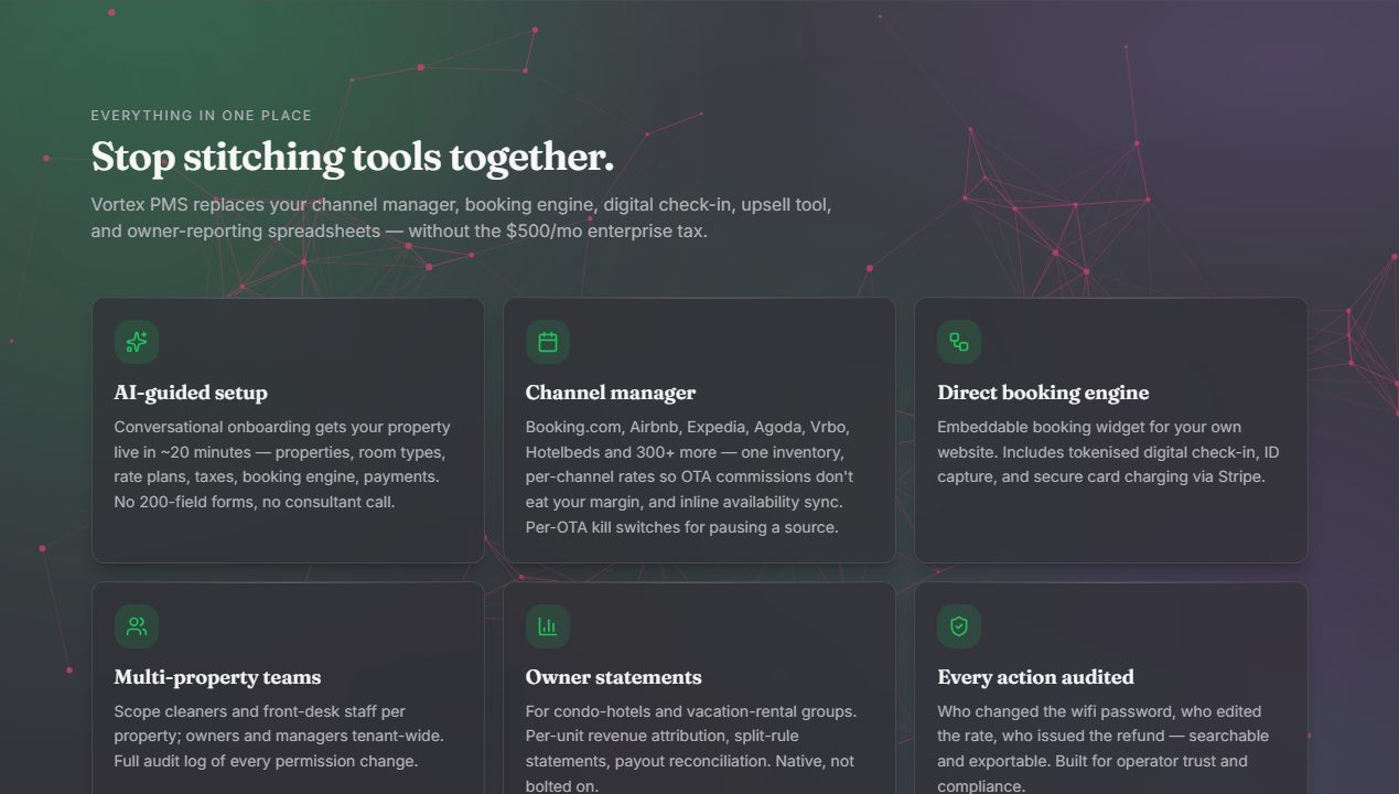 Vortex PMS features including channel manager, booking engine and owner statements