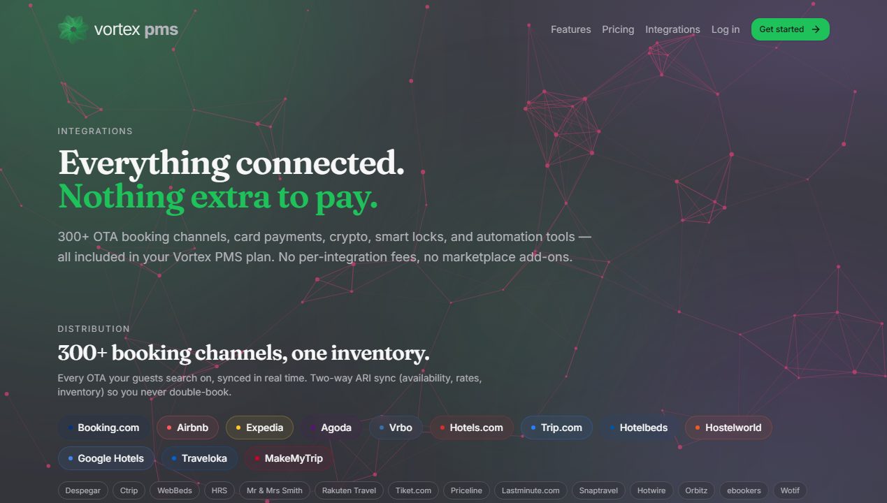 Vortex PMS integrations page listing supported booking channels and payment providers